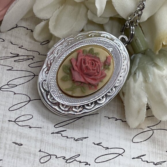 Dainty Silver Locket Cameo Mauve Cream Wedding Jewelry Gift Birthday Necklace - Picture 1 of 9